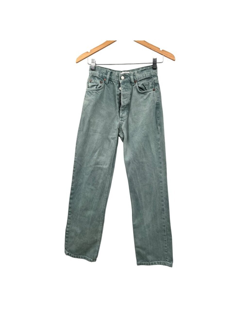 ZARA Womens Straight Leg Jeans Sage Green High Rise Button Fly Size 0
